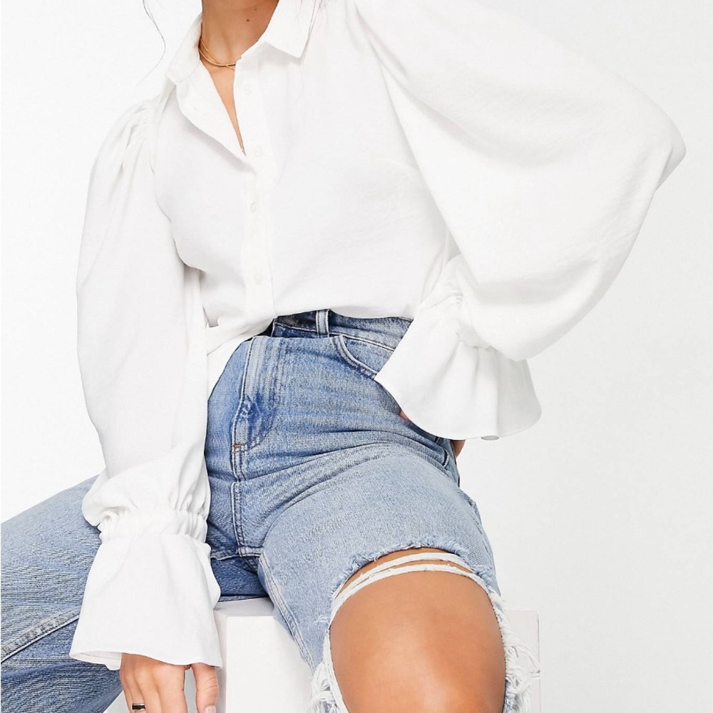 ASOS DESIGN volume sleeved soft shirt with ruffle cutts in ivory